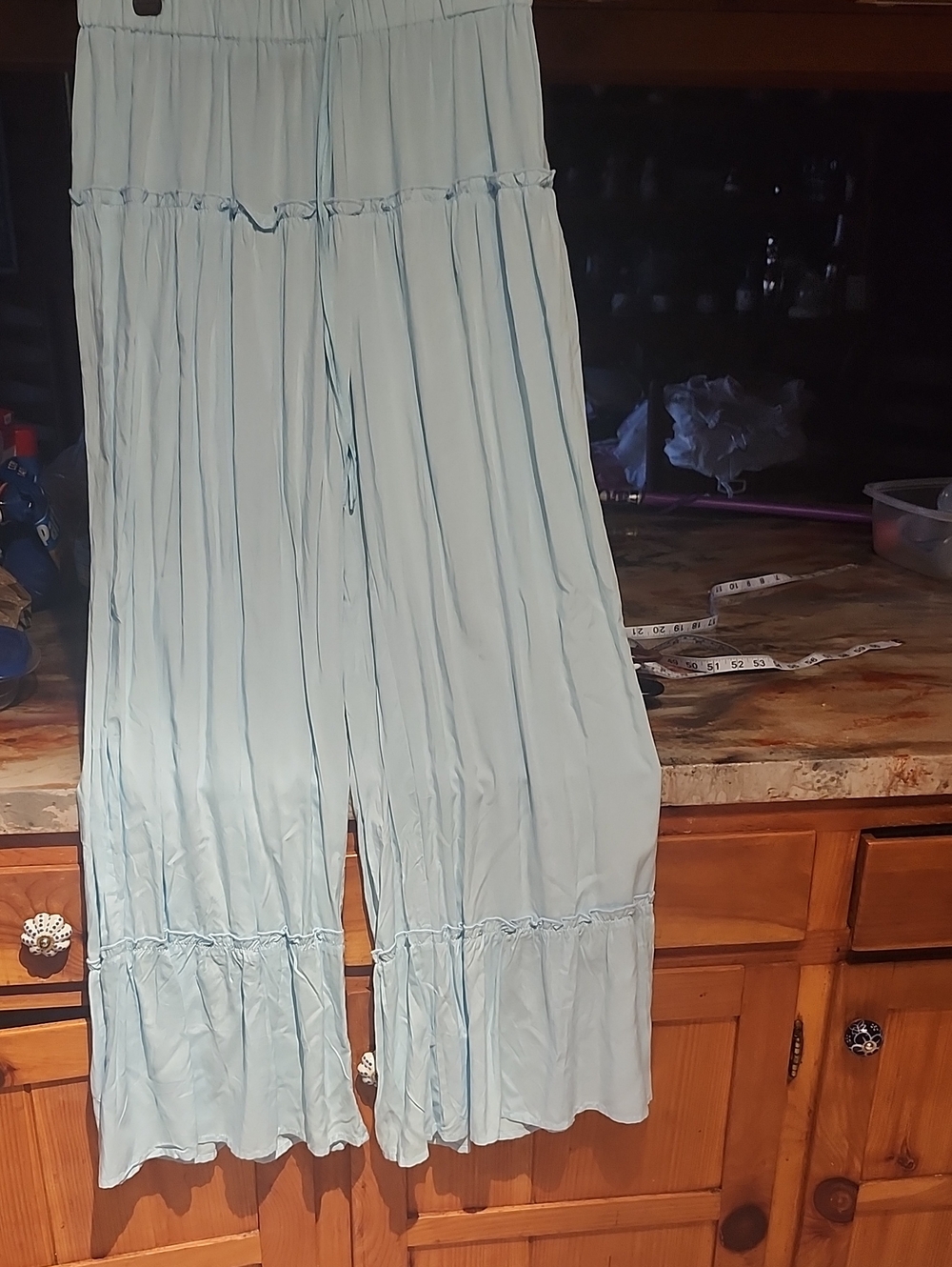 SHEIN Pale Blue Wide-Leg Tiered Ruffle Hem Pants Inseam 29